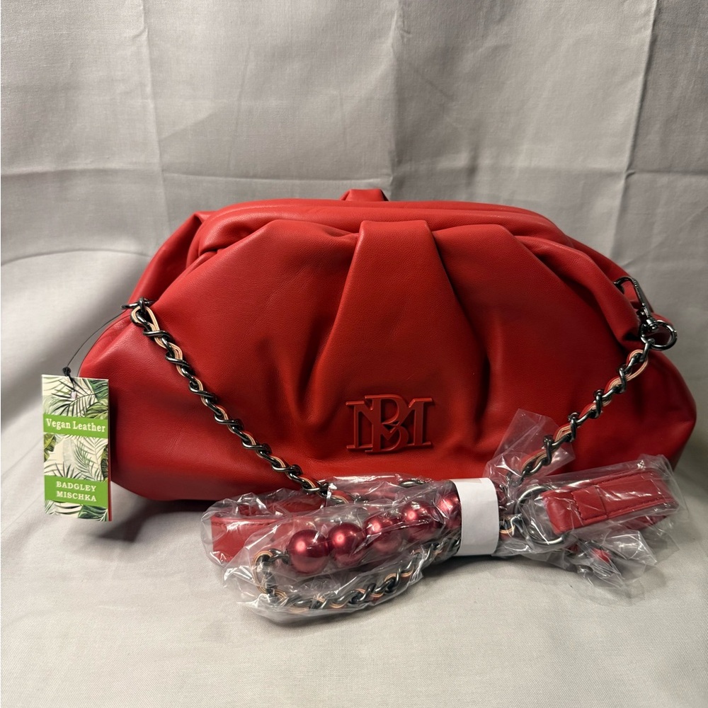 Badgley Mischka Red Shoulder Bag with Silver Chain and Ruched Design